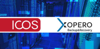 Banner bianco con logo ICOS e Xopero su sfondo blu